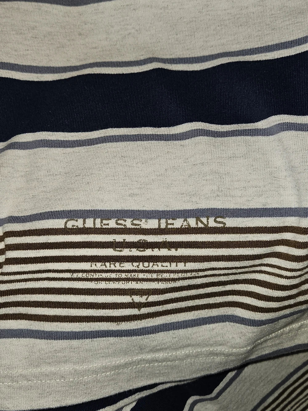 Guess 1990s Vintage Men's Navy and Light Gray Striped Henley Tee - Picture 3 of 3